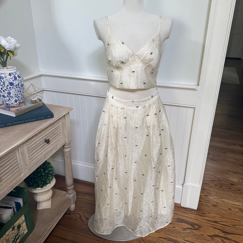NWT Haute Couture Cream Green Dot Jacquard 2 Piece Crop Top Midi Skirt Set L